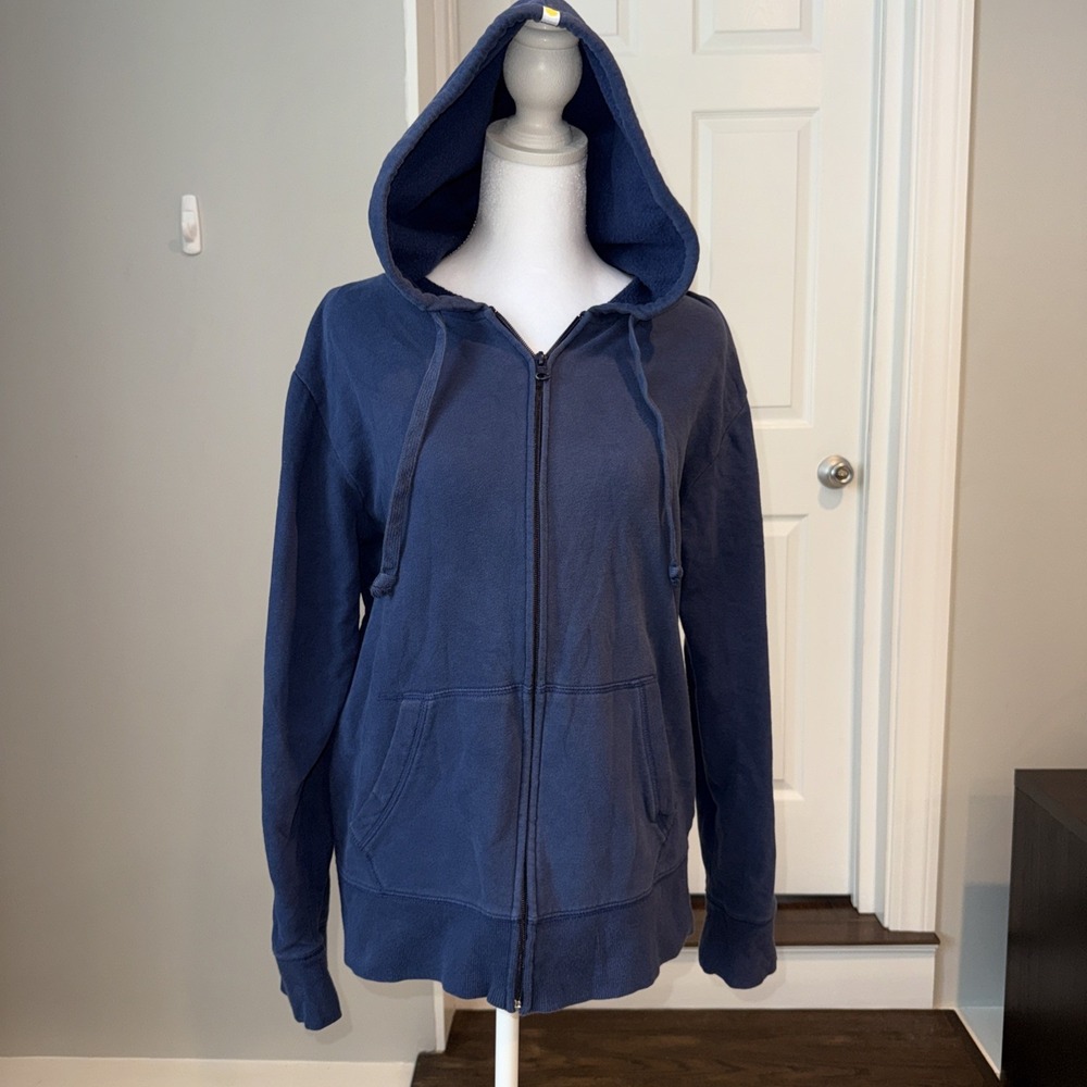 Life Is Good Hoodie Womens M Navy Blue Full Zip  Zipper Pockets Faded Minimalist